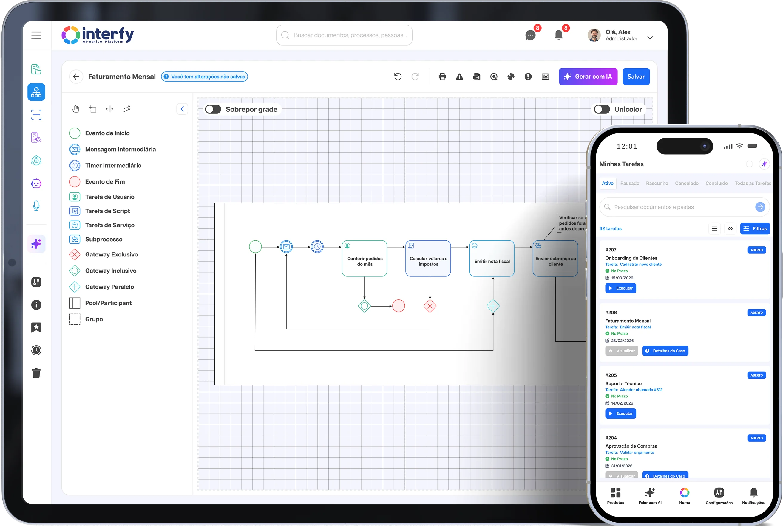 Plataforma Interfy Process exibida em tablet e smartphone, mostrando o desenho visual de um processo e a lista de tarefas