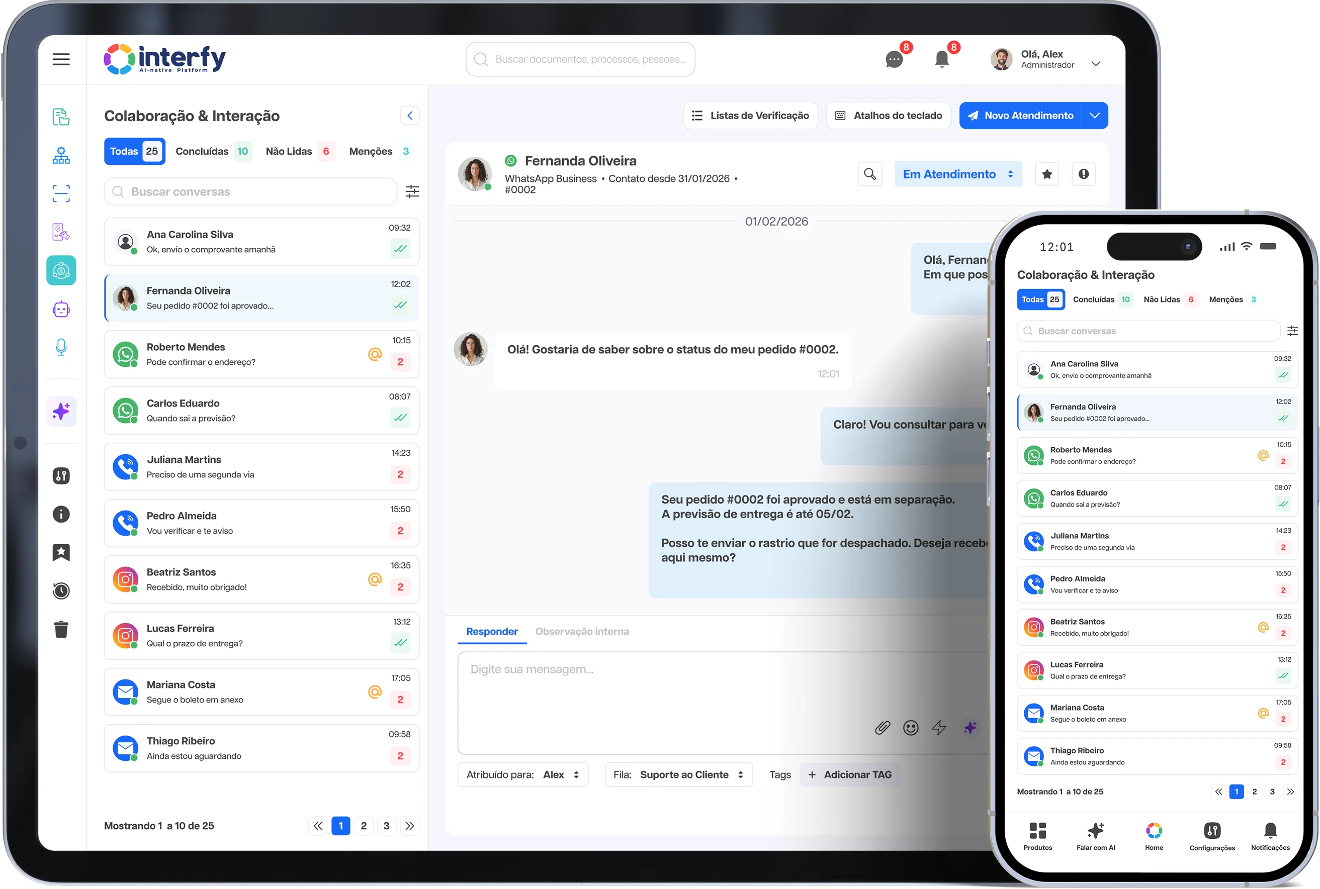 Interfy Connect exibido em laptop e smartphone, mostrando a central de conversas