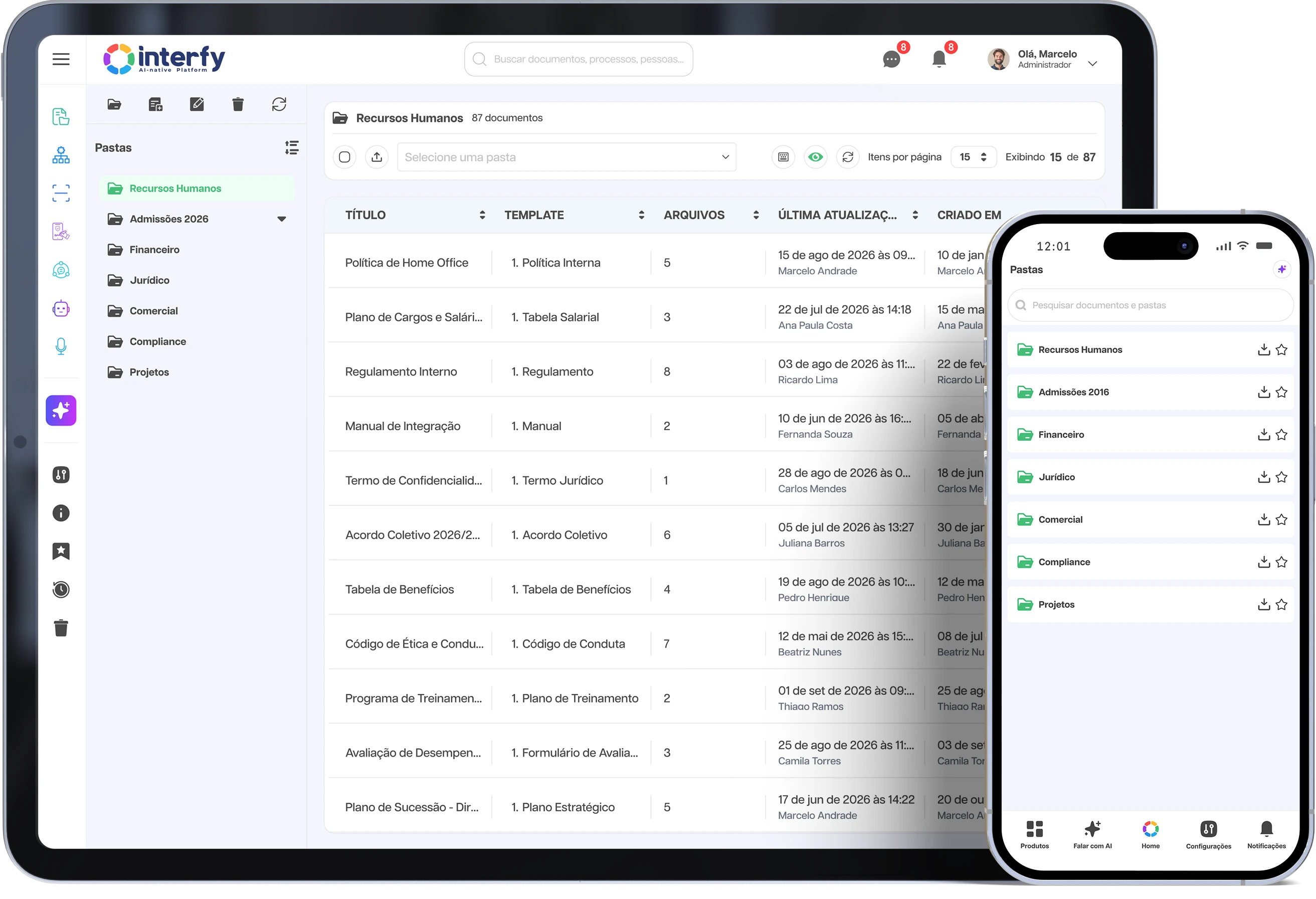 Plataforma Interfy Documents exibida em tablet e smartphone, mostrando a lista de documentos e pastas