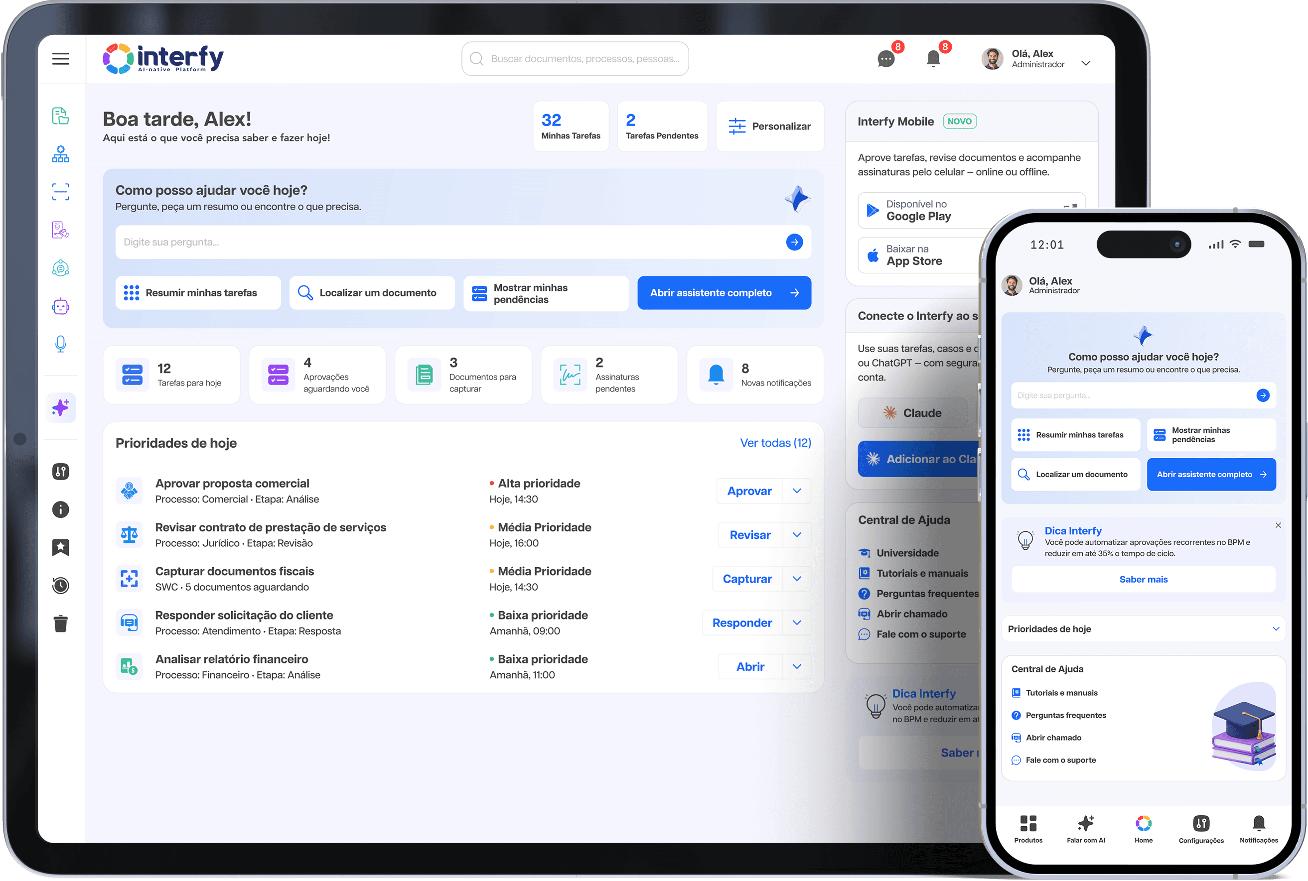 Plataforma Interfy exibida em laptop e smartphone, mostrando o painel de gestão com IA