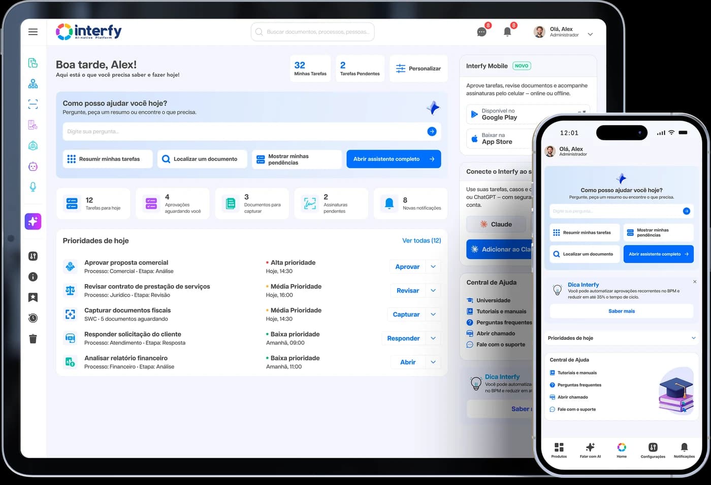 Interfy Voice exibido em tablet e smartphone, mostrando comandos de voz sendo executados na plataforma